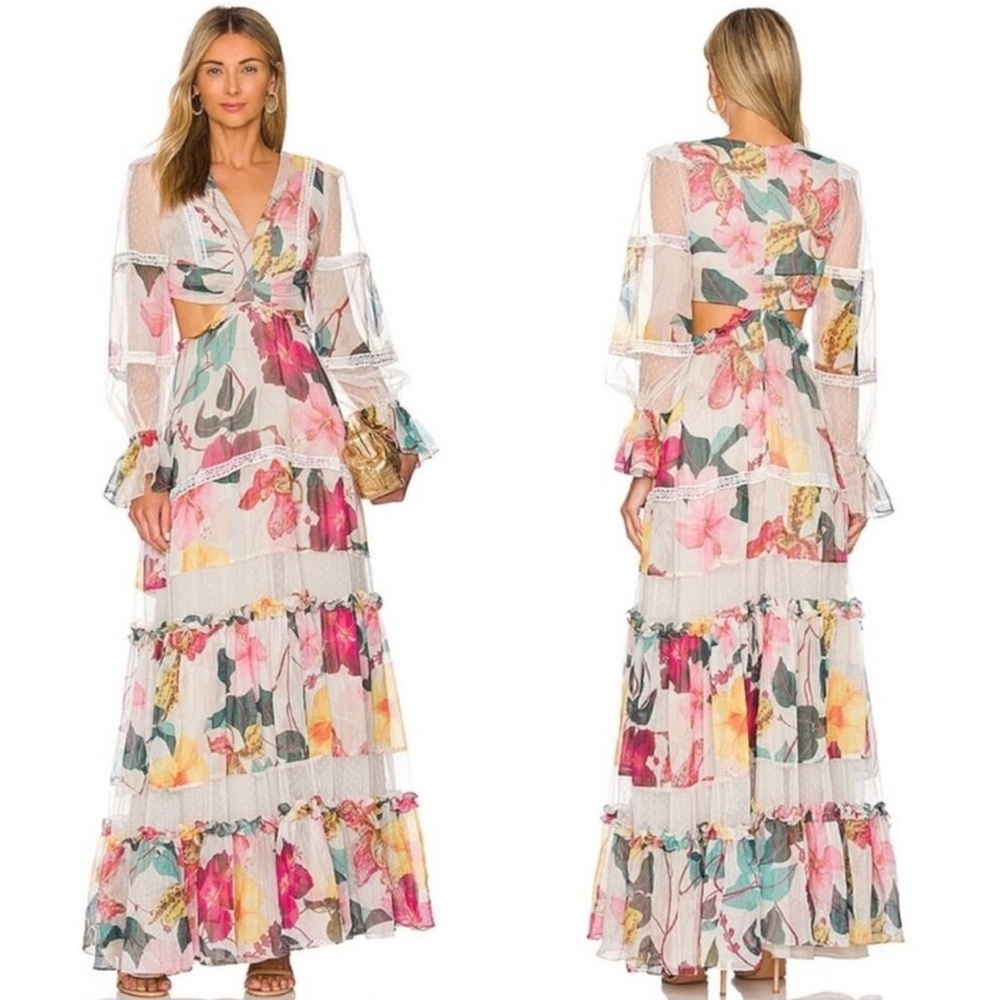 BRAND NEW, NEVER WORN PatBo cut out maxi dress. Beautiful colors! Size 0